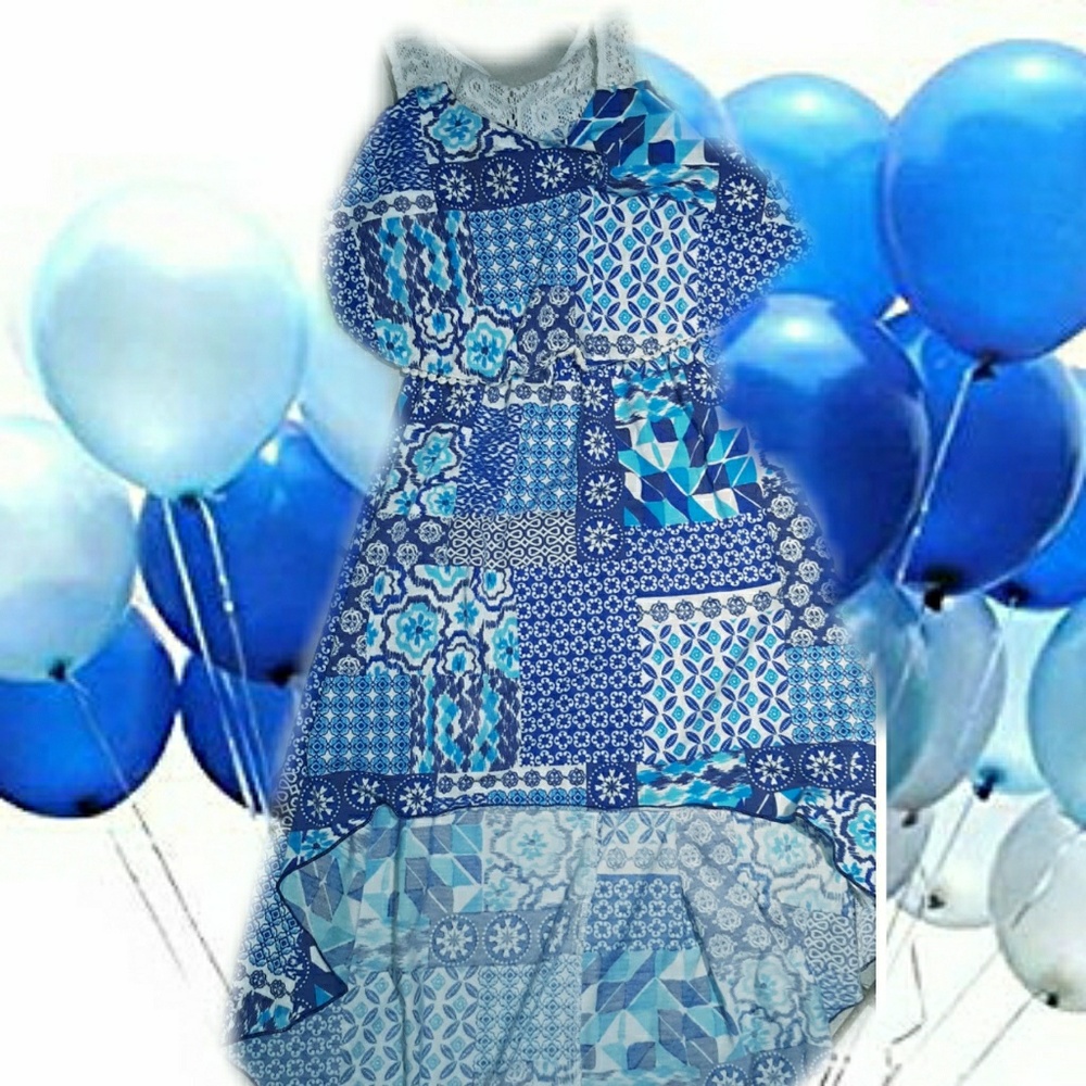 High-low blue macrame patchwork dress